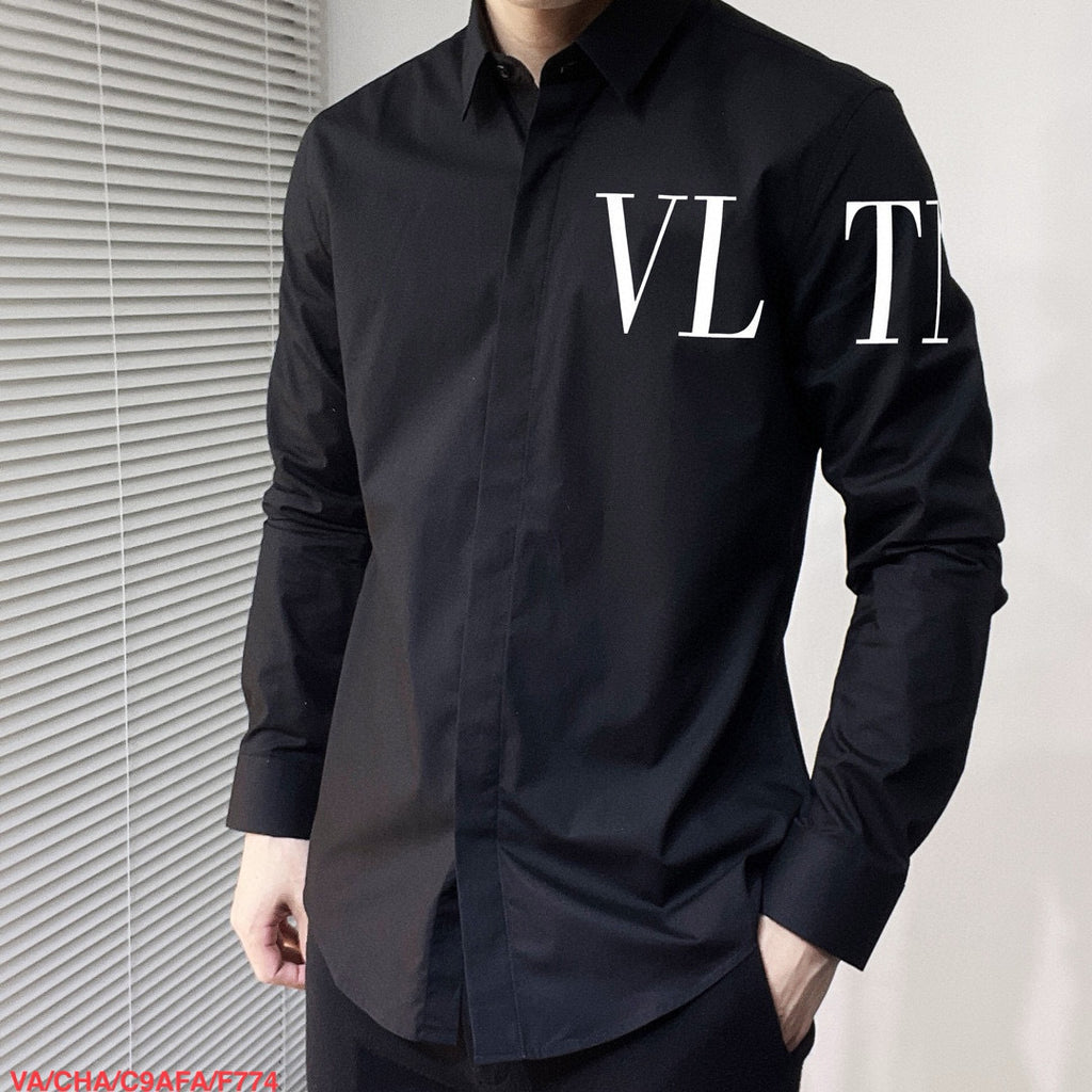 Valentino 2026 SS VLTN Logo Long-Sleeve Shirt — Black