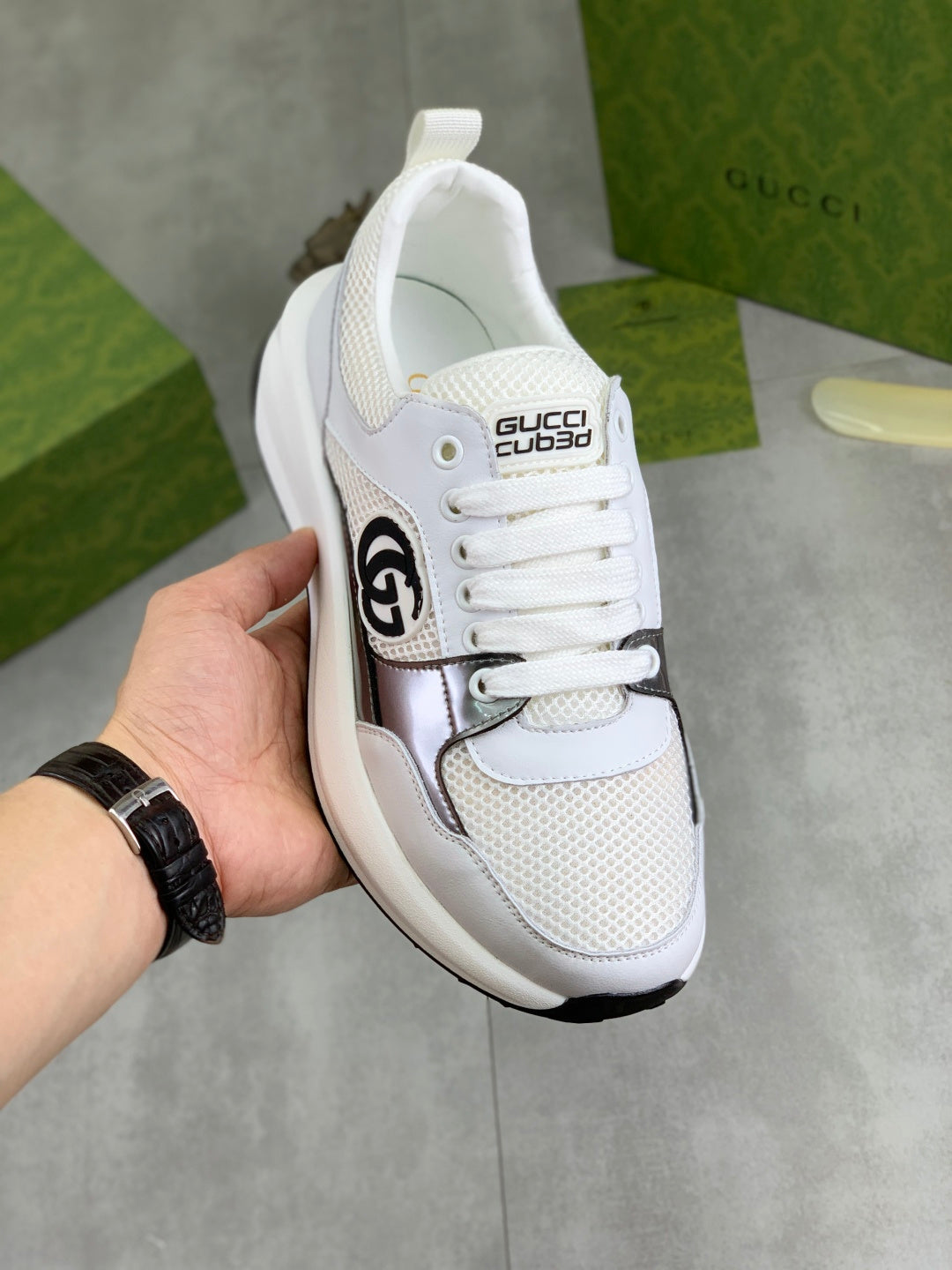 Gucci White Leather Sneakers with Gold Trim and Web Stripe