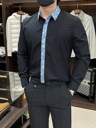 Dior Black Slim-Fit Shirt — Blue Monogram Collar
