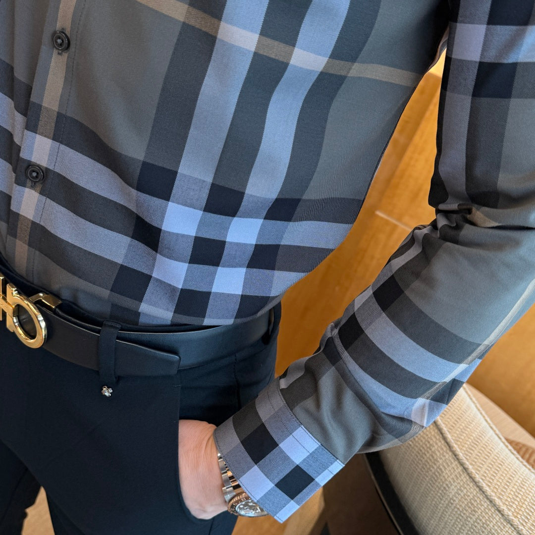 Burberry Grey Blue Check Dress Shirt