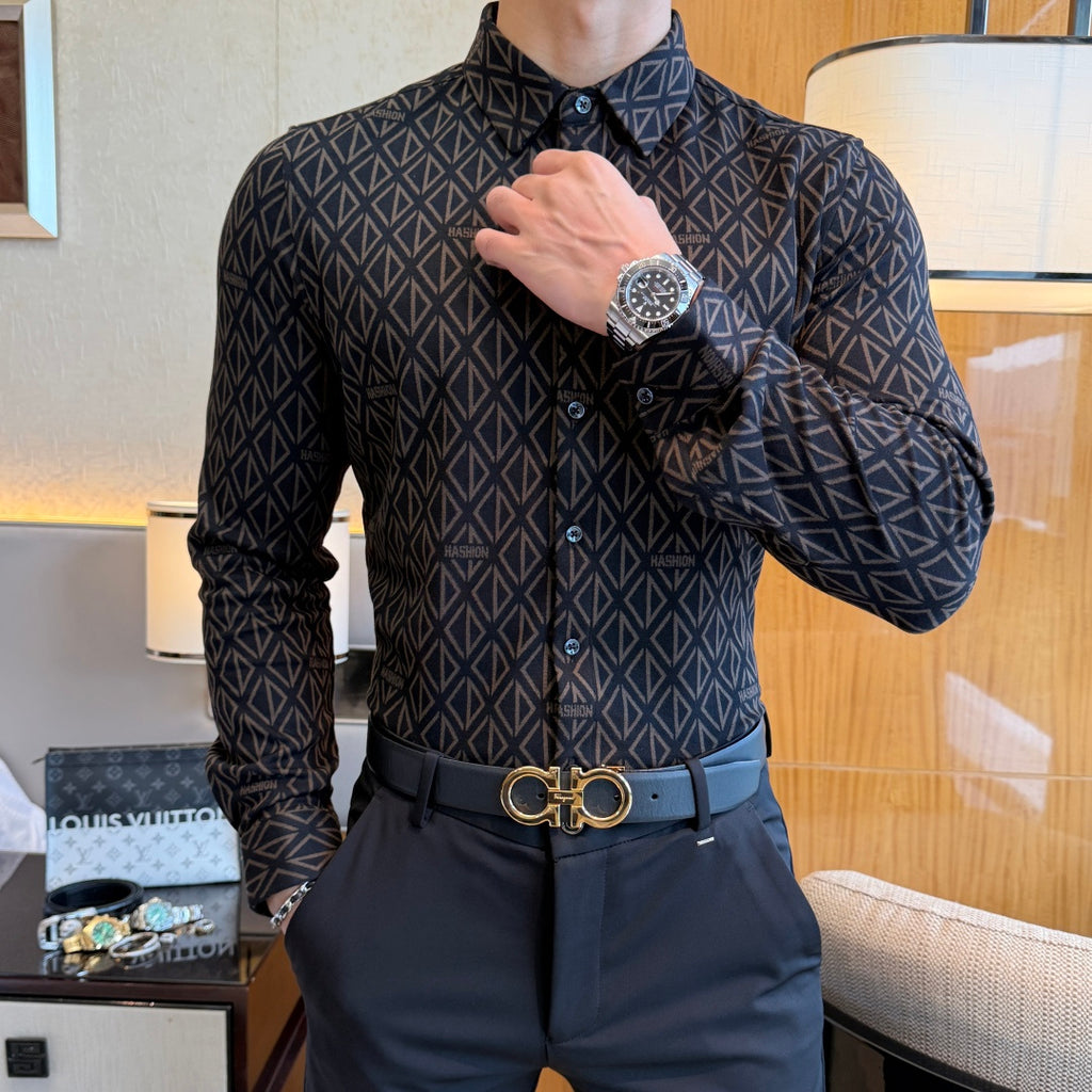 Designer Black Geometric Diamond Pattern Dress Shirt