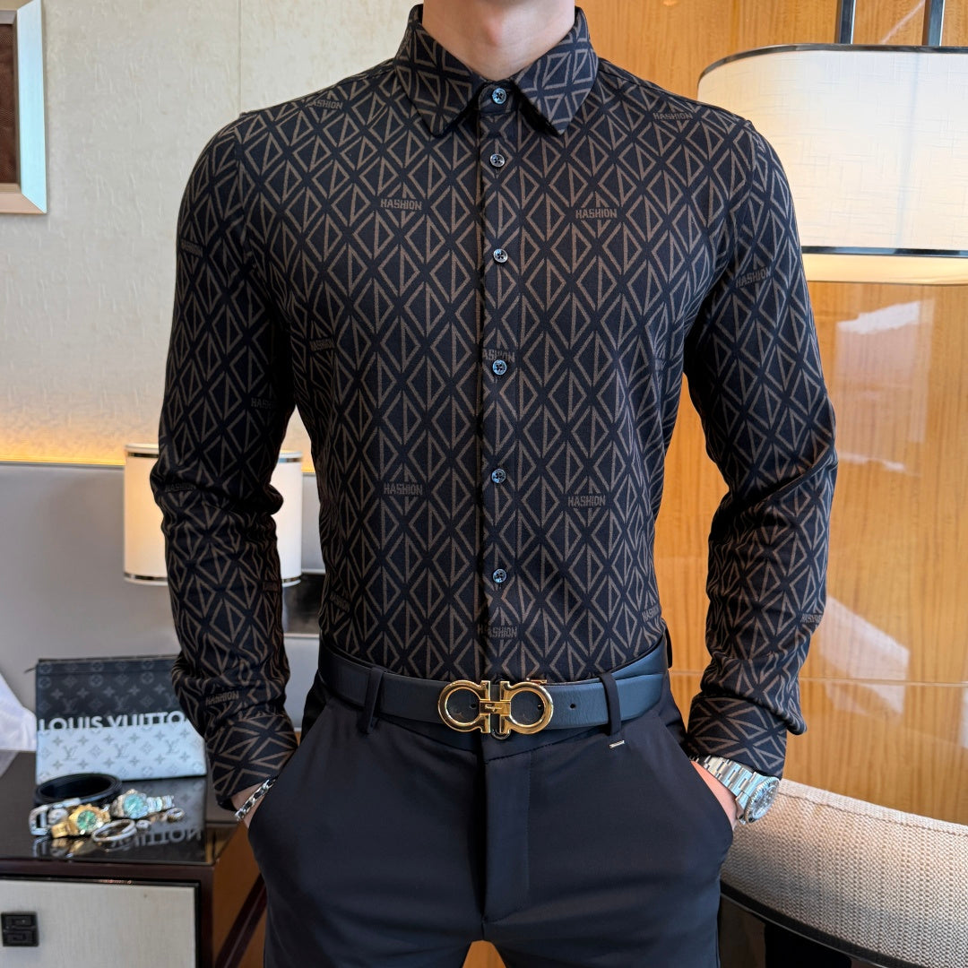 Designer Black Geometric Diamond Pattern Dress Shirt