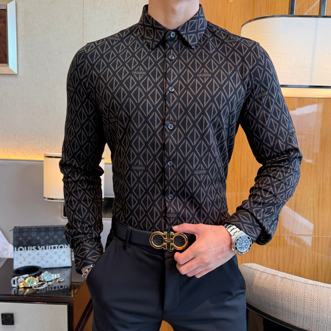 Designer Black Geometric Diamond Pattern Dress Shirt