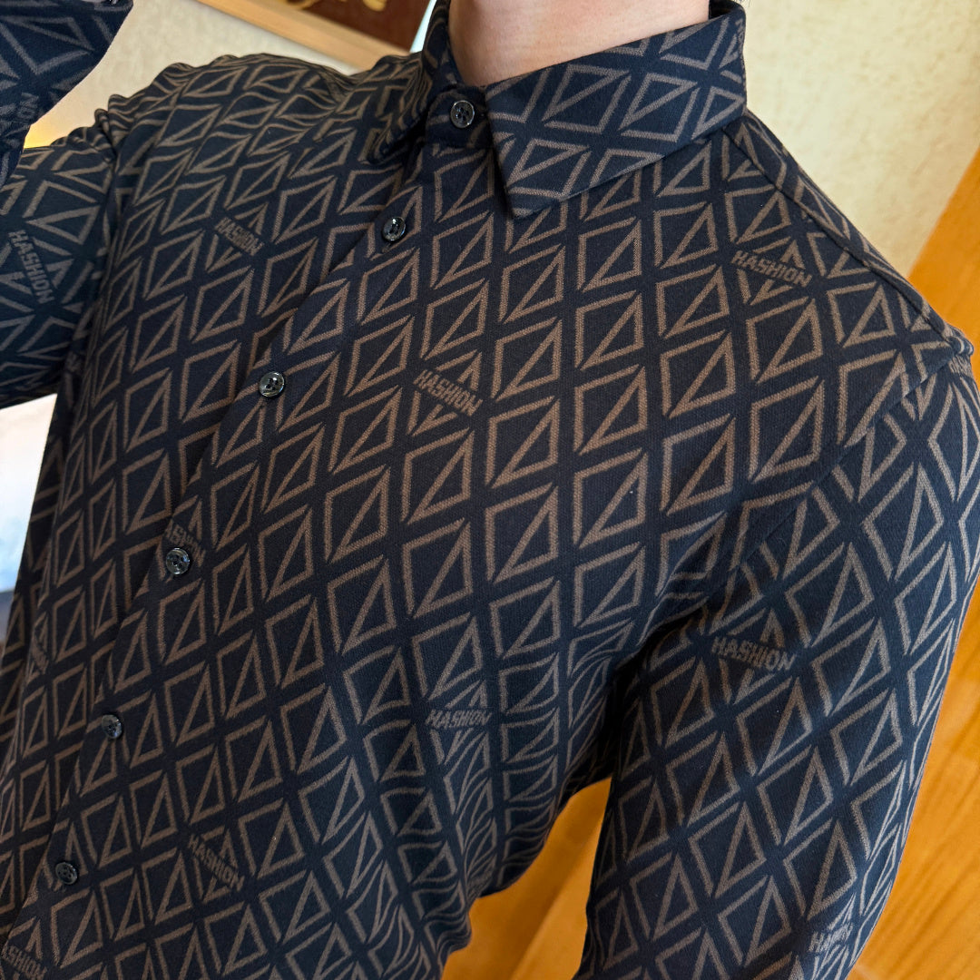 Designer Black Geometric Diamond Pattern Dress Shirt