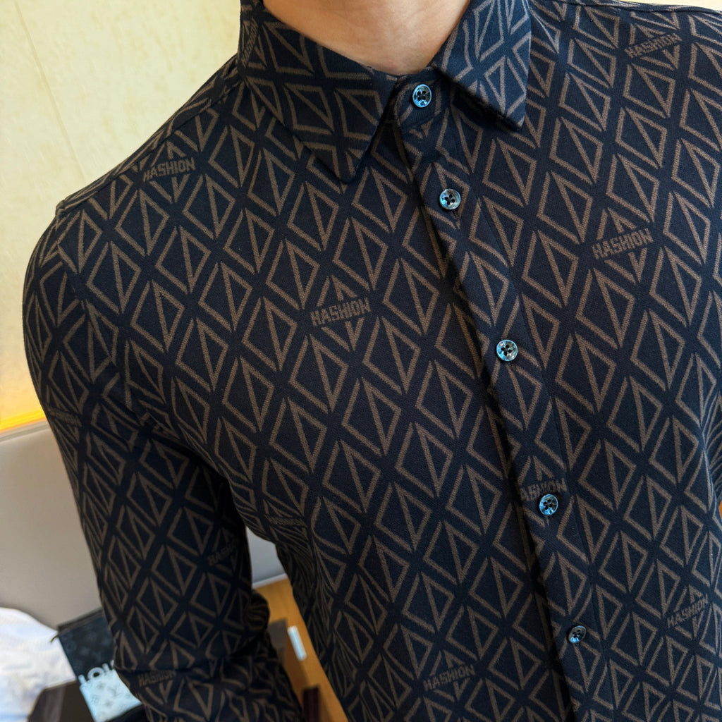 Designer Black Geometric Diamond Pattern Dress Shirt
