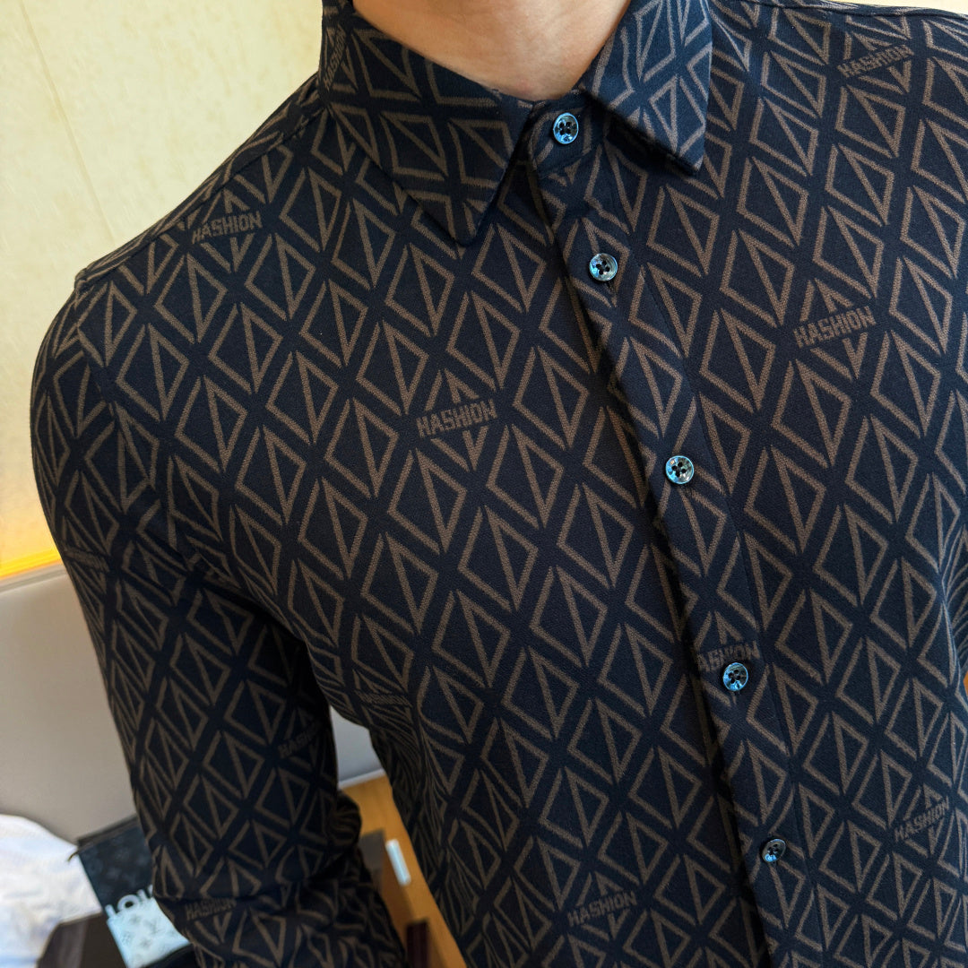Designer Black Geometric Diamond Pattern Dress Shirt