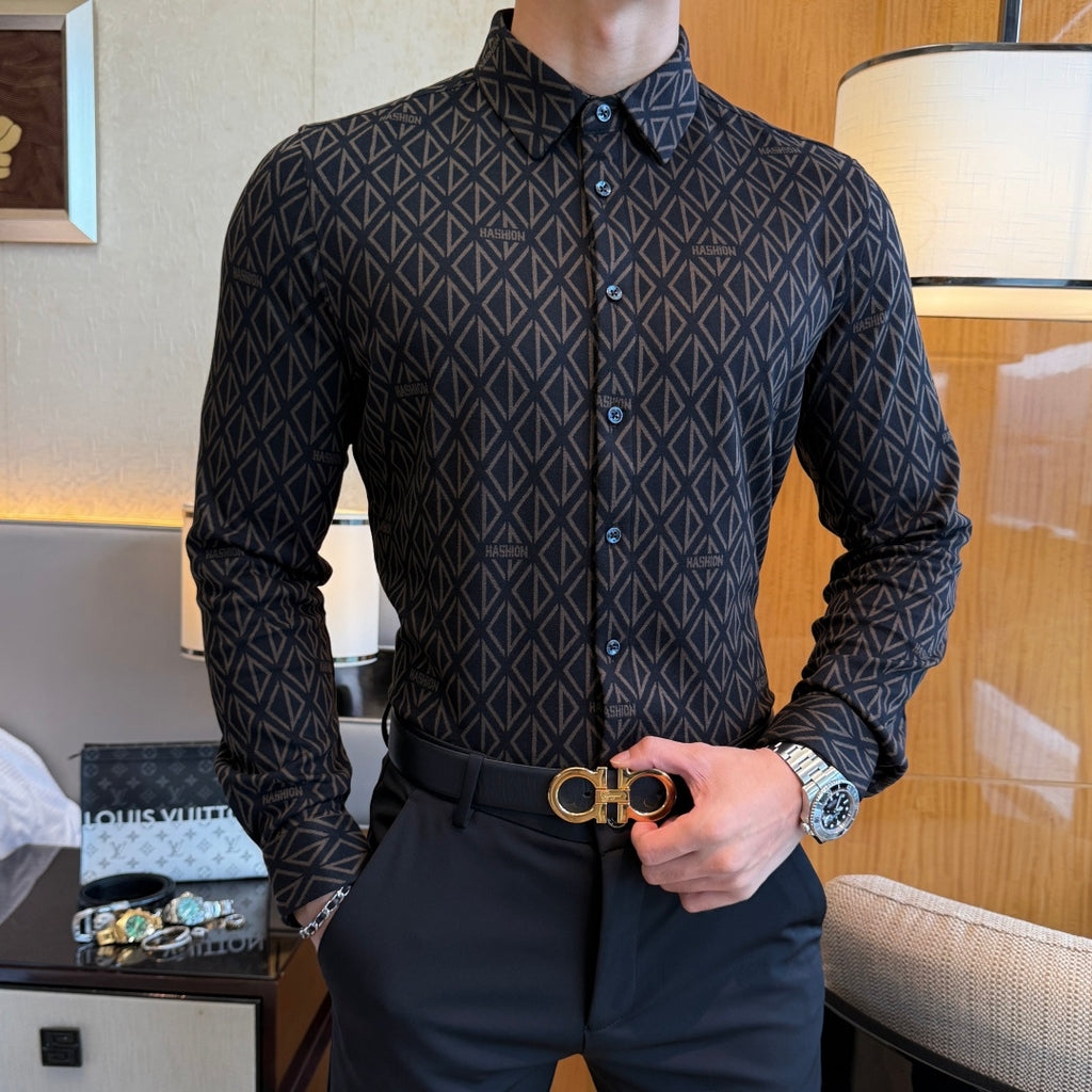 Designer Black Geometric Diamond Pattern Dress Shirt
