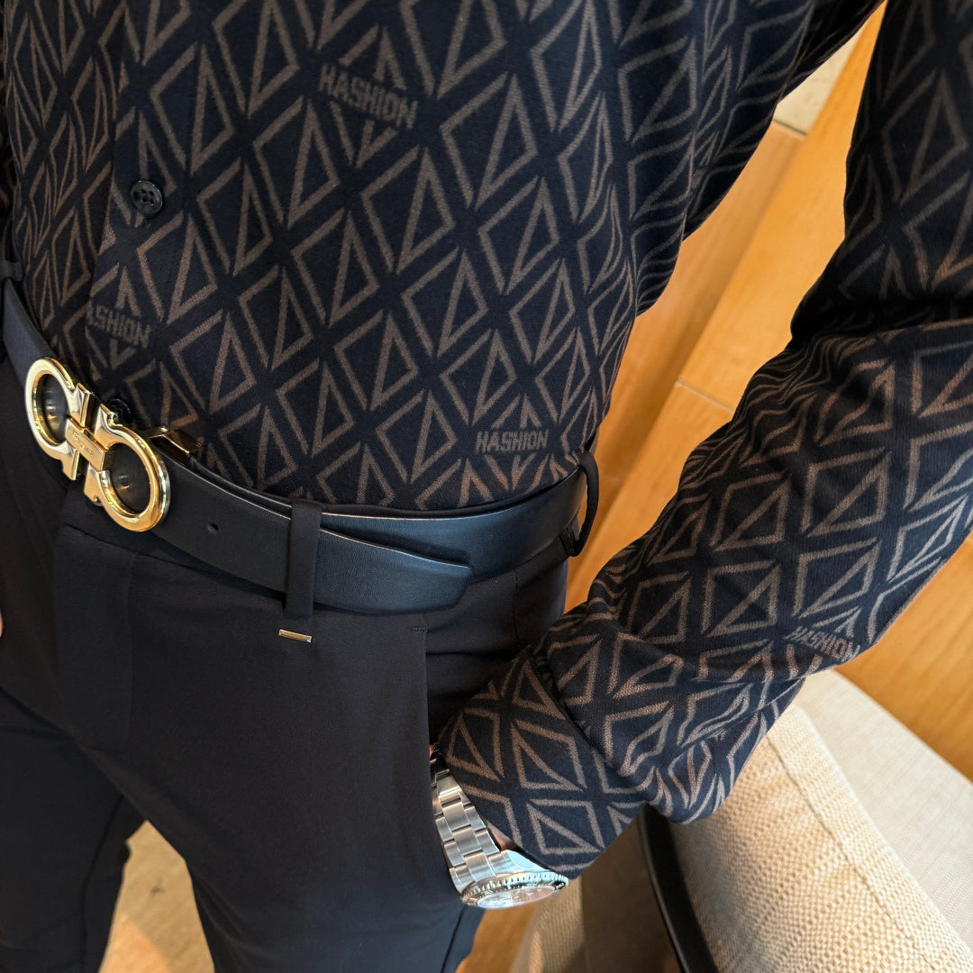 Designer Black Geometric Diamond Pattern Dress Shirt