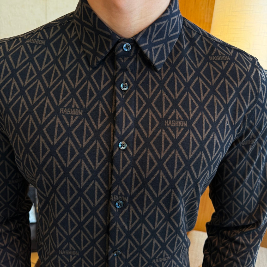 Designer Black Geometric Diamond Pattern Dress Shirt