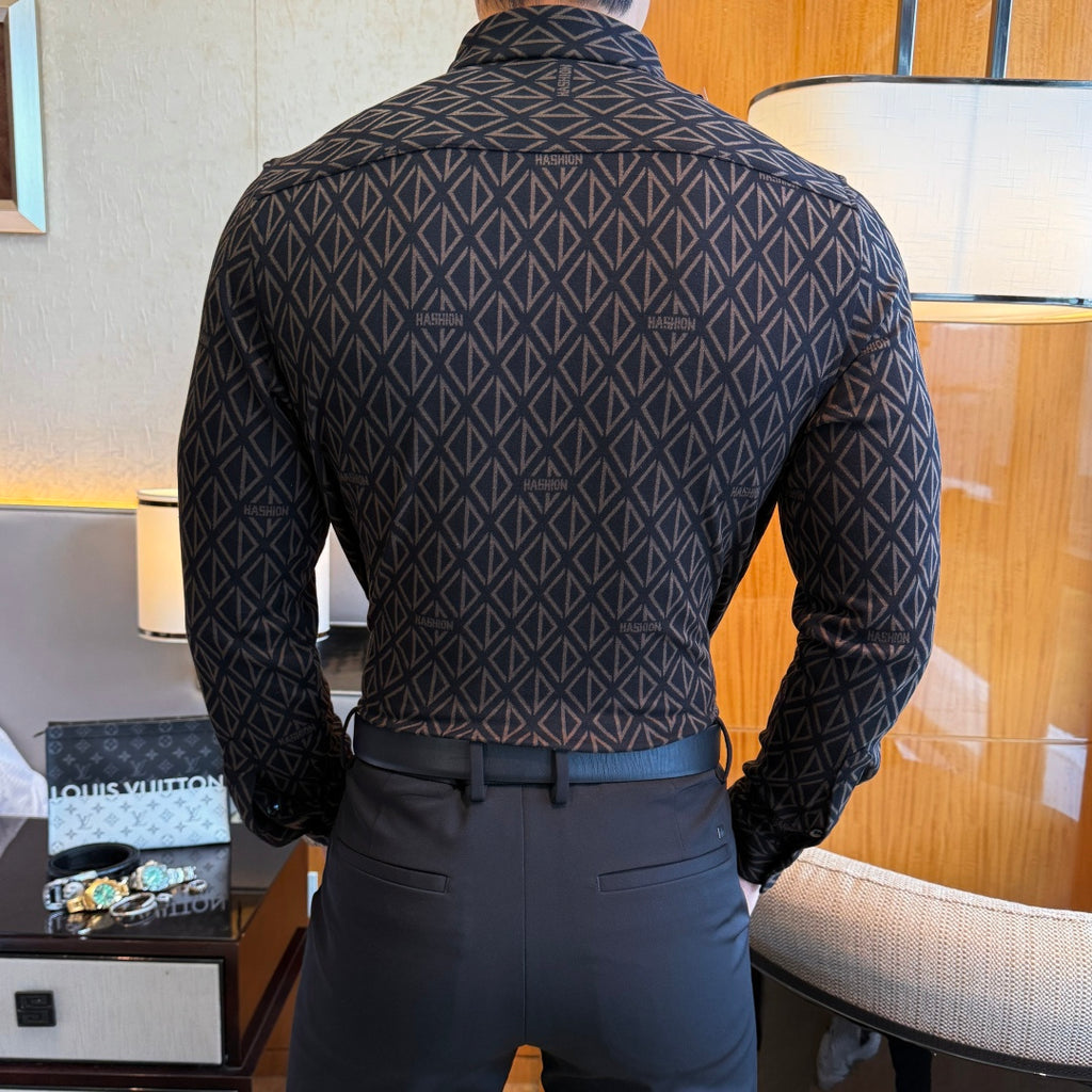 Designer Black Geometric Diamond Pattern Dress Shirt