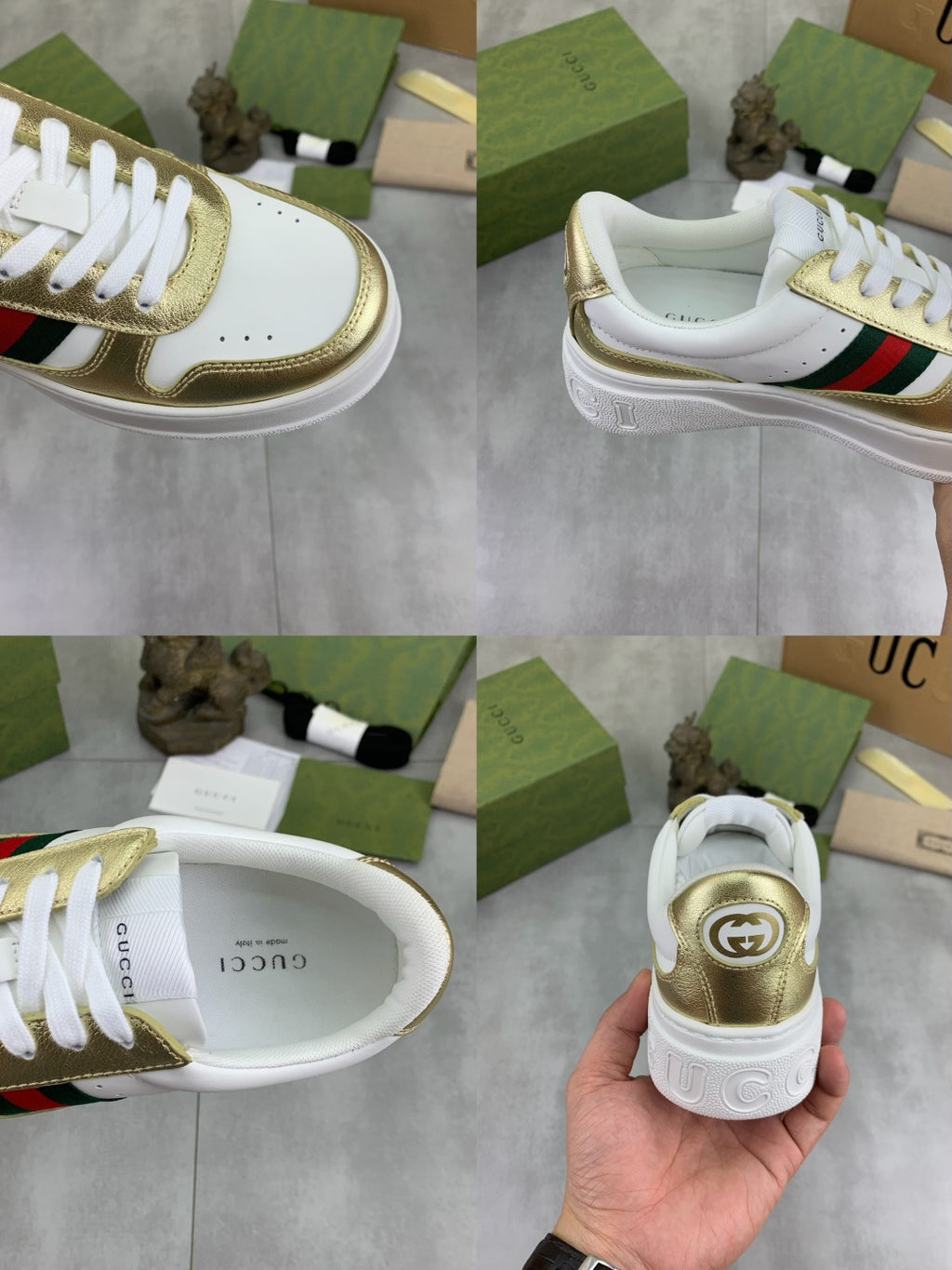 Gucci White Leather Sneakers with Gold Trim and Web Stripe