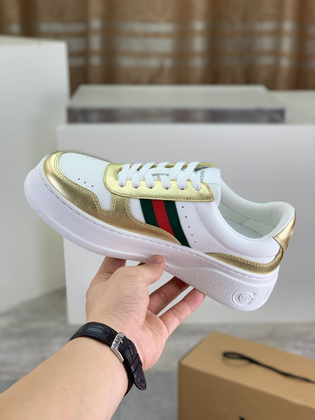 Gucci White Leather Sneakers with Gold Trim and Web Stripe
