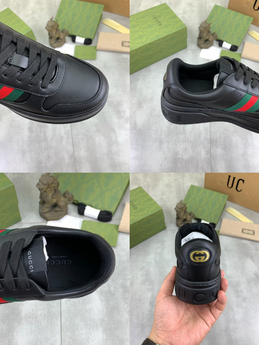 Gucci All-Black Leather Sneakers with Web Stripe