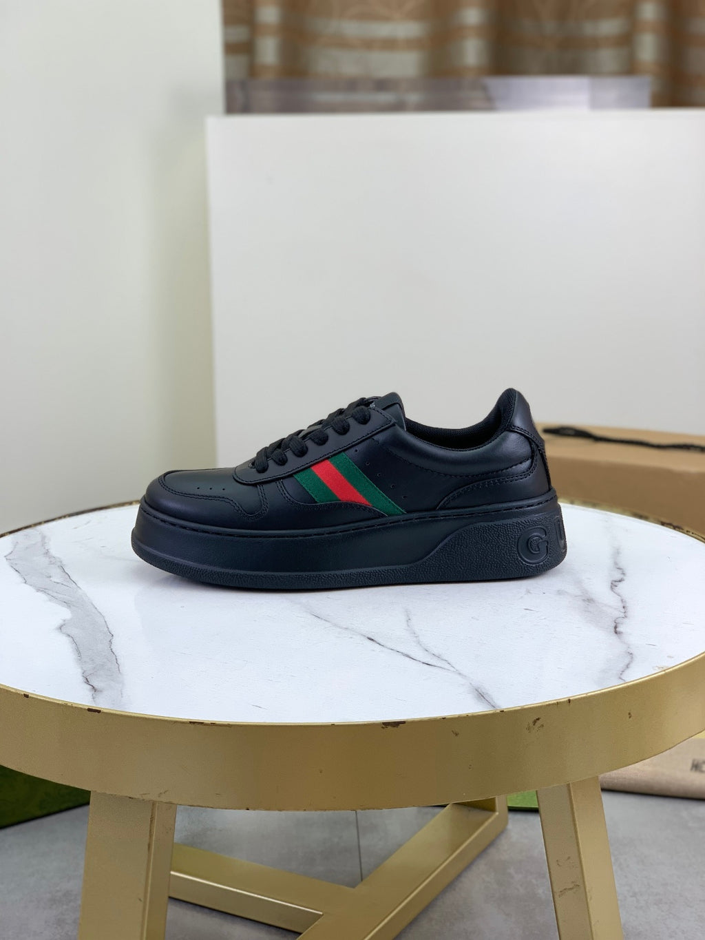 Gucci All-Black Leather Sneakers with Web Stripe