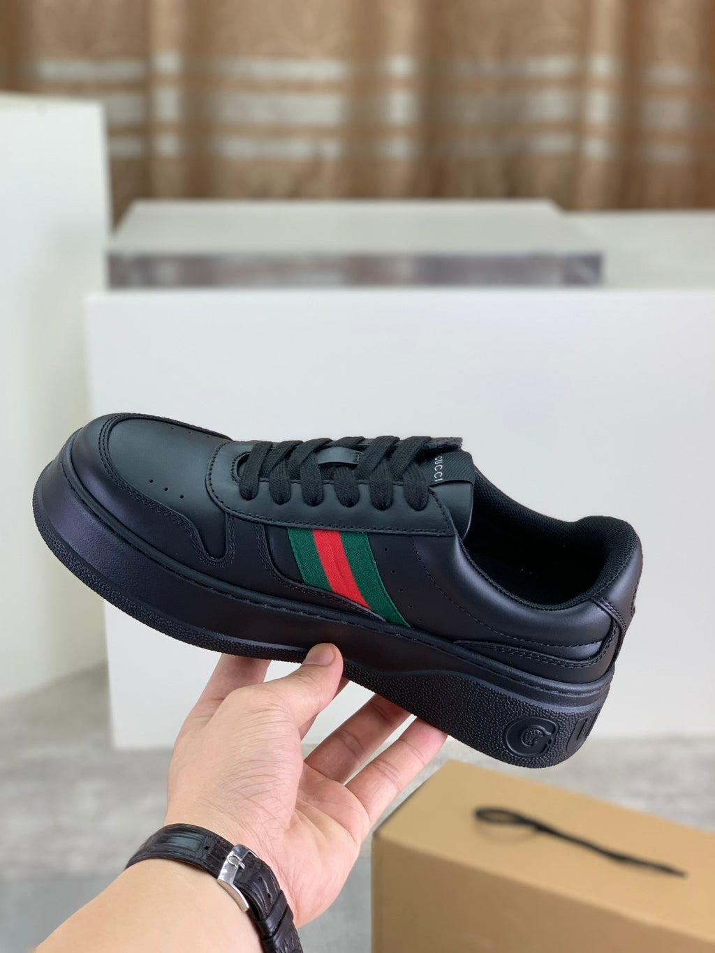 Gucci All-Black Leather Sneakers with Web Stripe