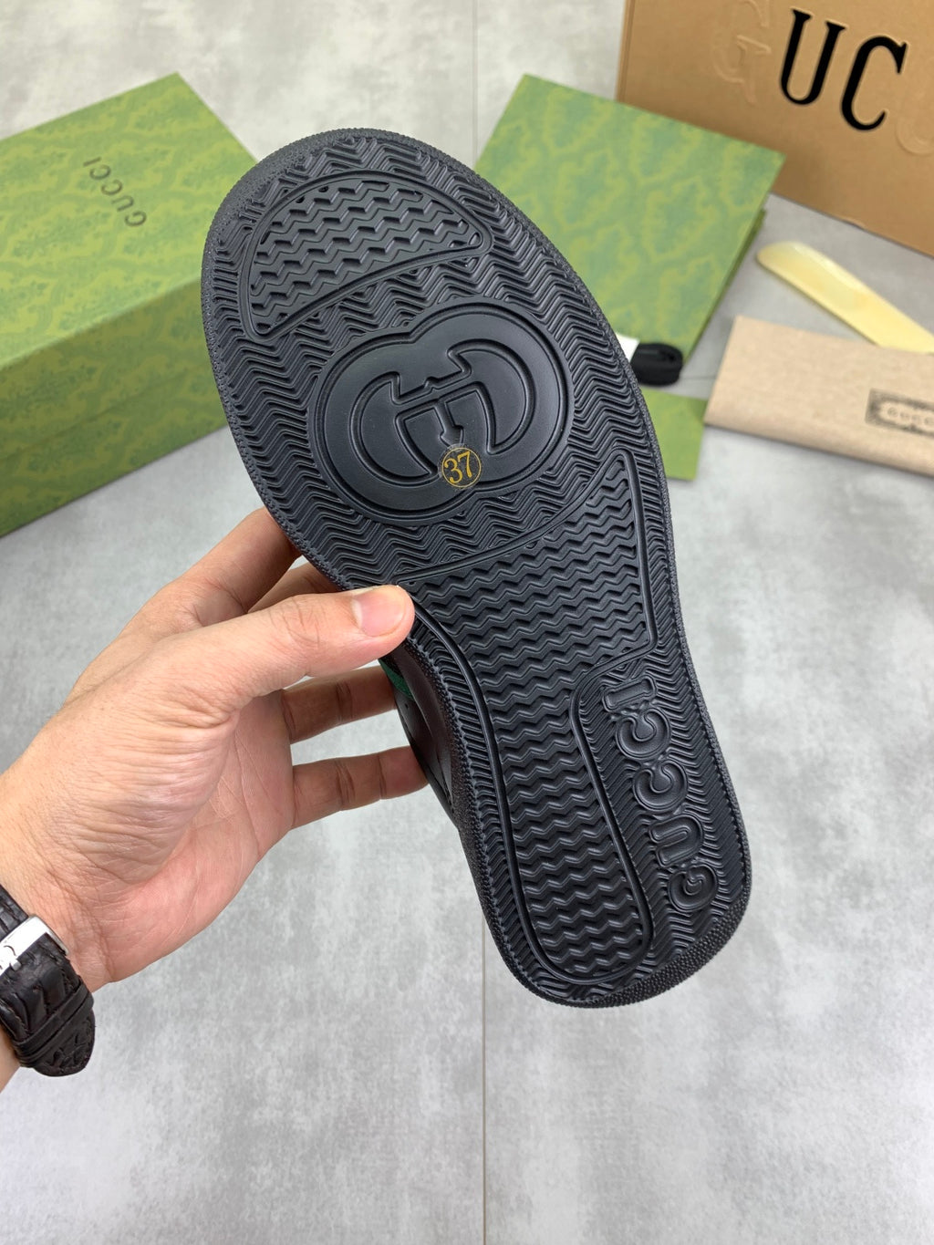 Gucci All-Black Leather Sneakers with Web Stripe