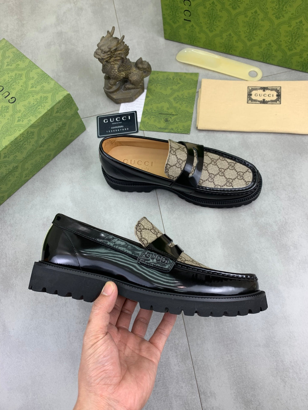 Gucci All-Black GG Monogram Loafers with Web Stripe