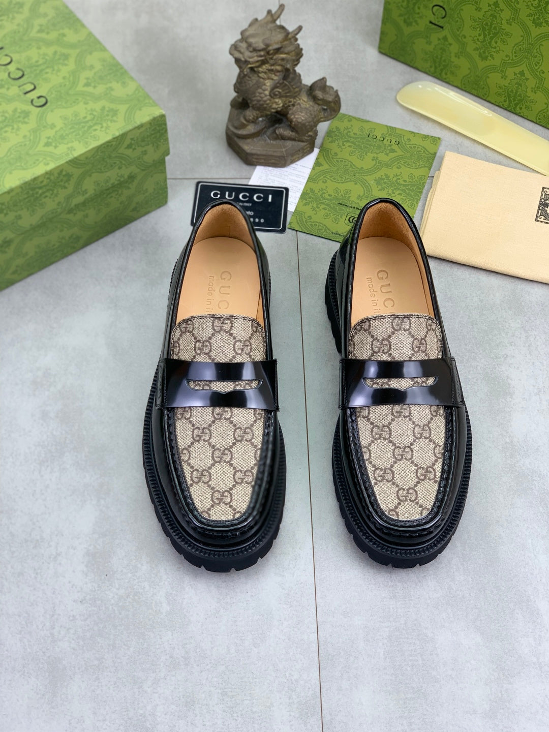 Gucci All-Black GG Monogram Loafers with Web Stripe