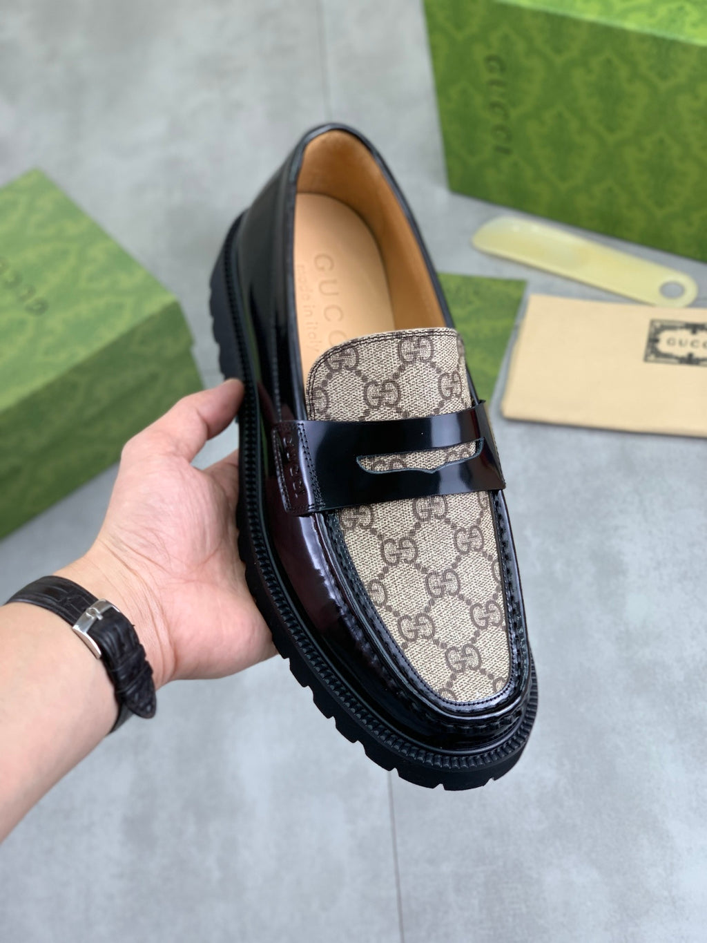 Gucci All-Black GG Monogram Loafers with Web Stripe