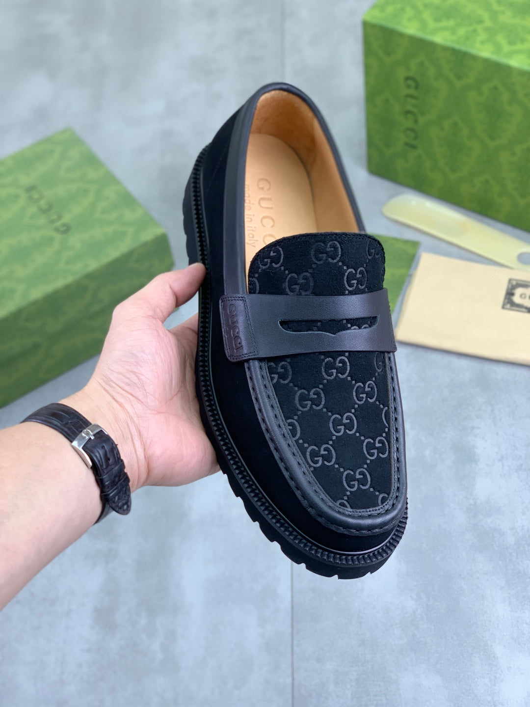 Gucci All-Black GG Monogram Loafers with Web Stripe