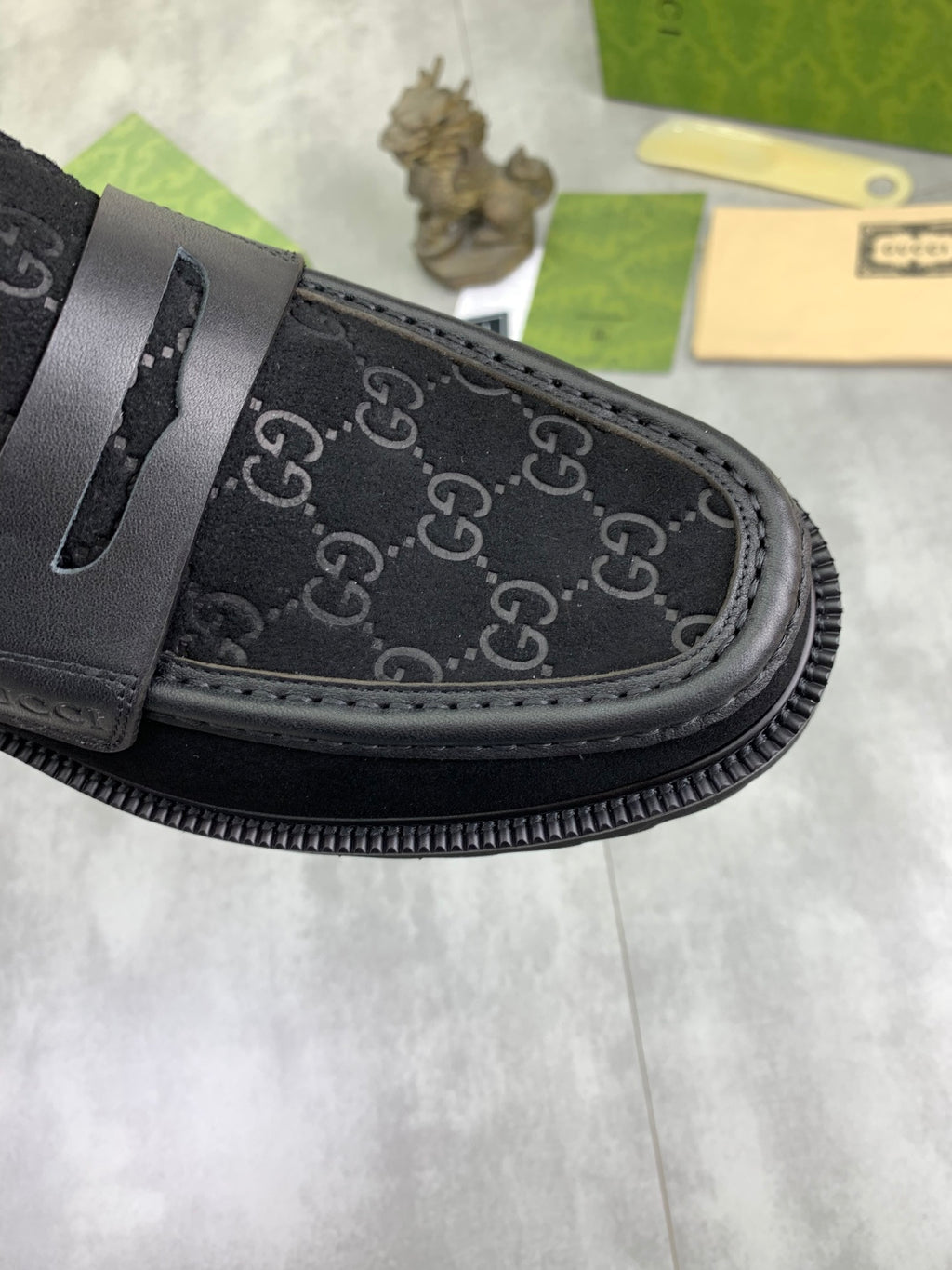 Gucci All-Black GG Monogram Loafers with Web Stripe