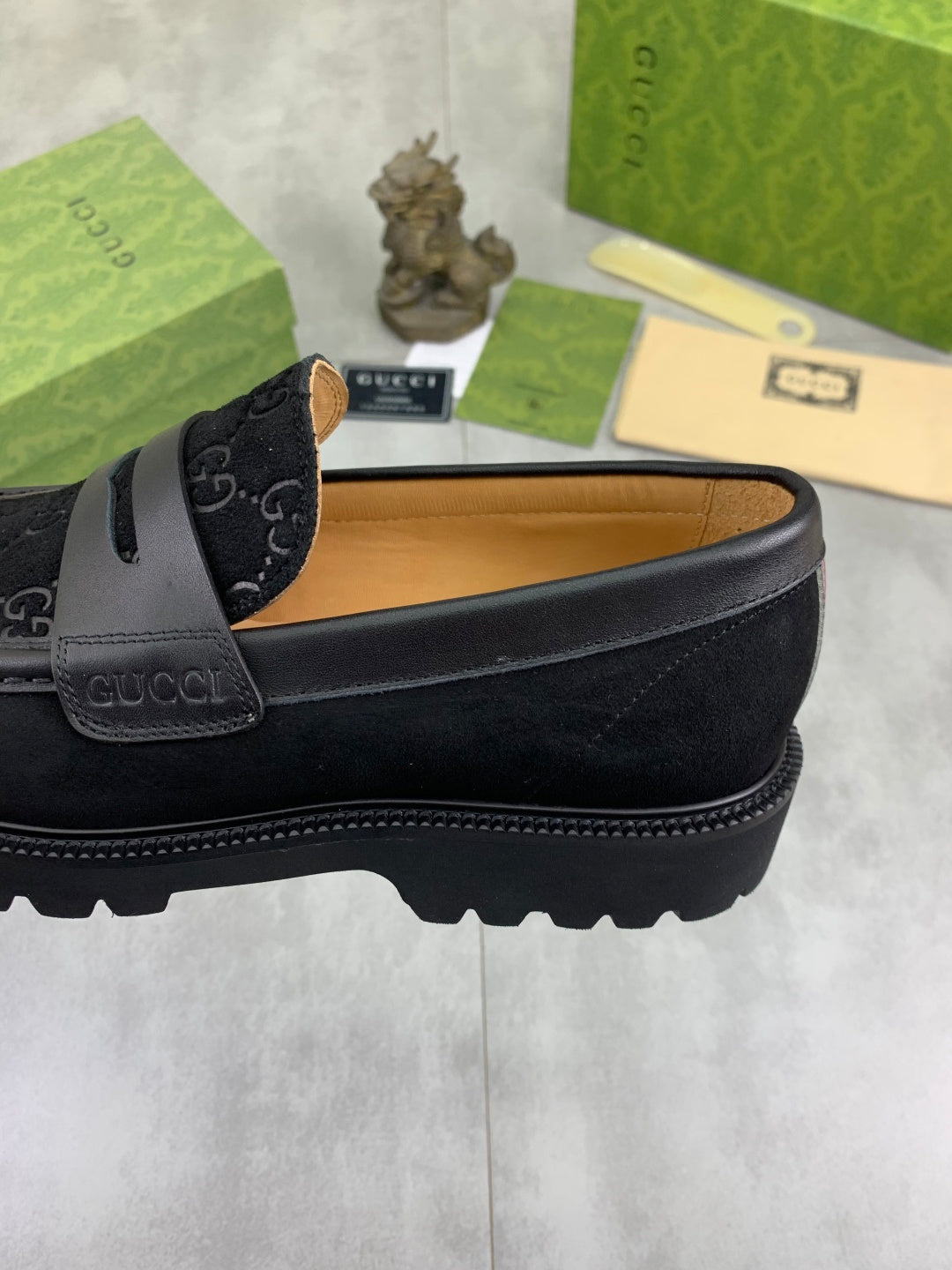 Gucci All-Black GG Monogram Loafers with Web Stripe