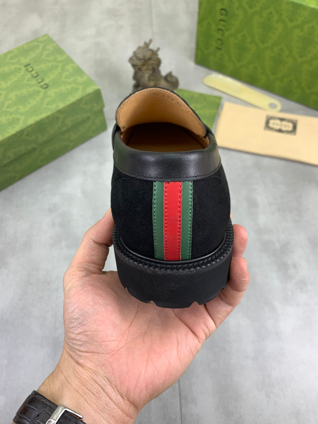 Gucci All-Black GG Monogram Loafers with Web Stripe
