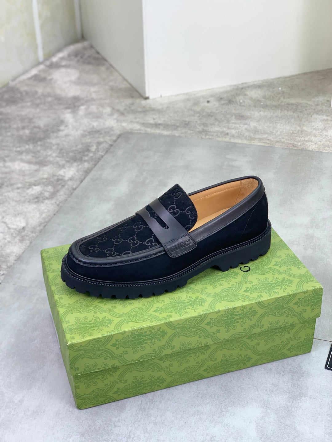 Gucci All-Black GG Monogram Loafers with Web Stripe
