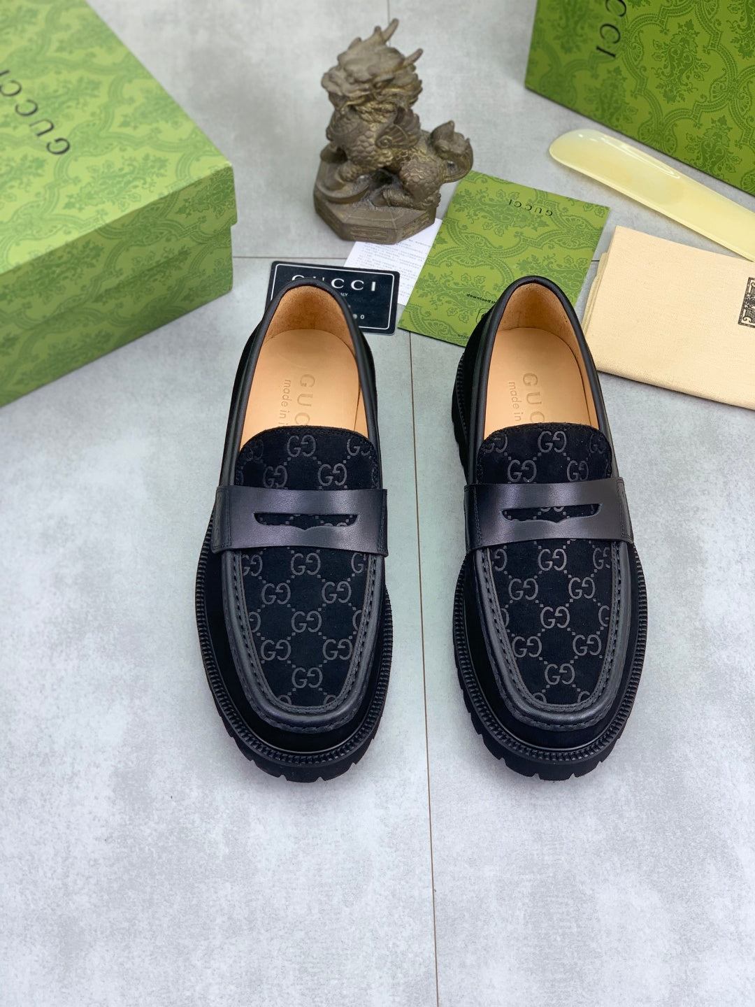 Gucci All-Black GG Monogram Loafers with Web Stripe