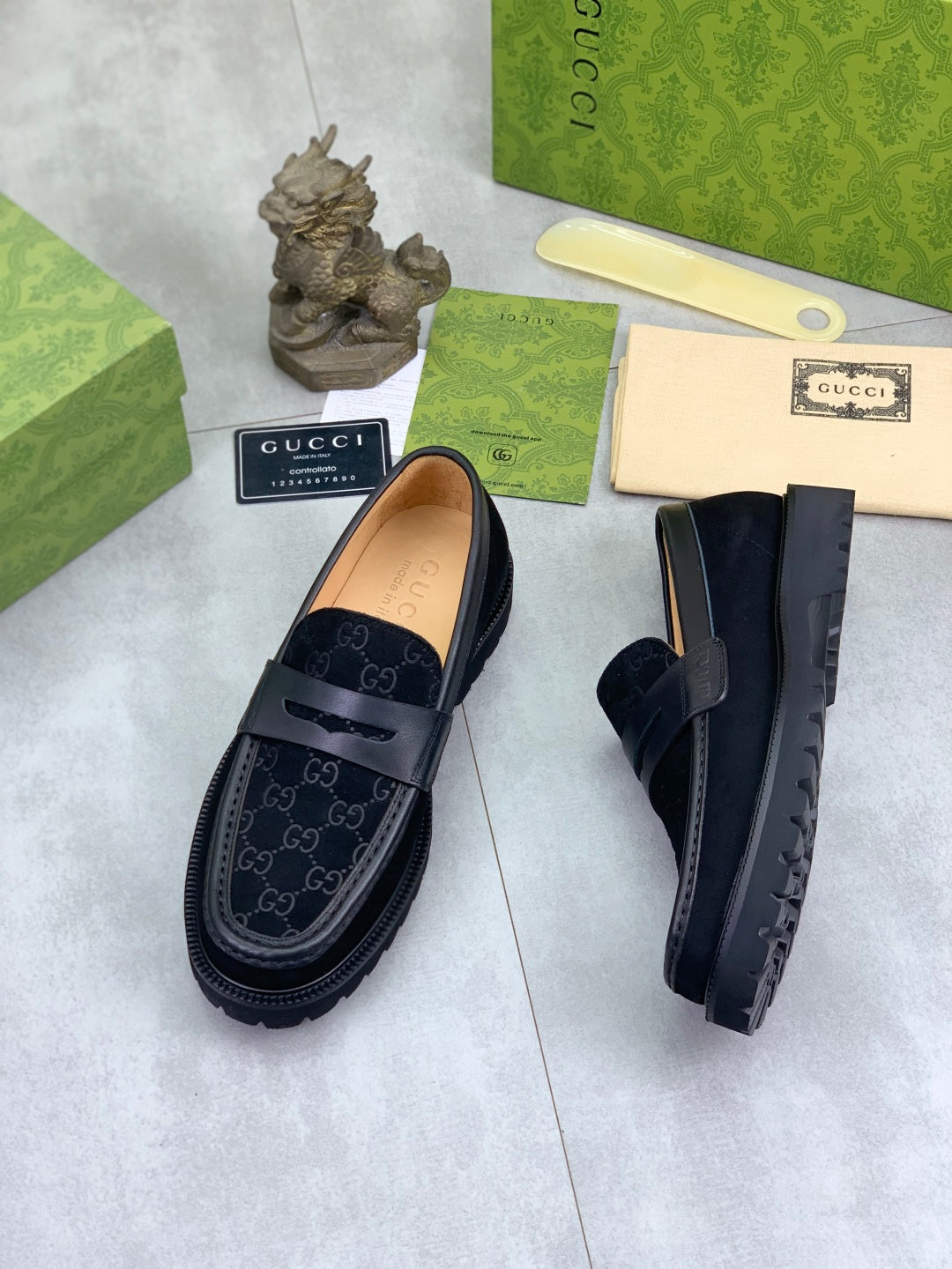Gucci All-Black GG Monogram Loafers with Web Stripe