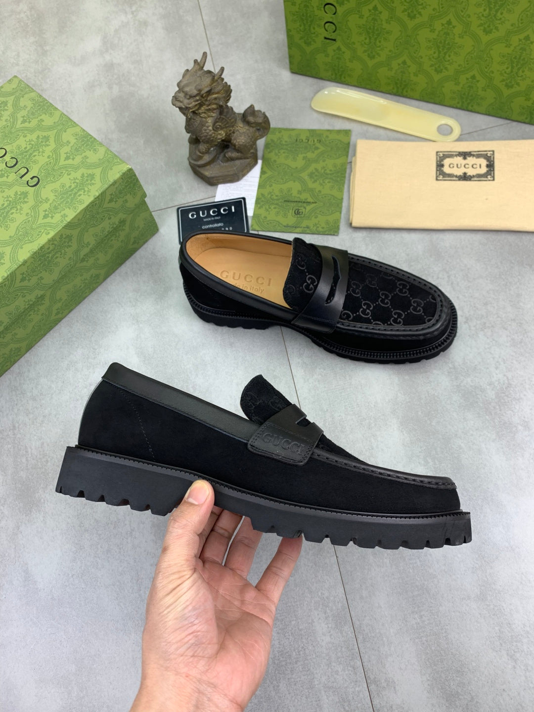 Gucci All-Black GG Monogram Loafers with Web Stripe