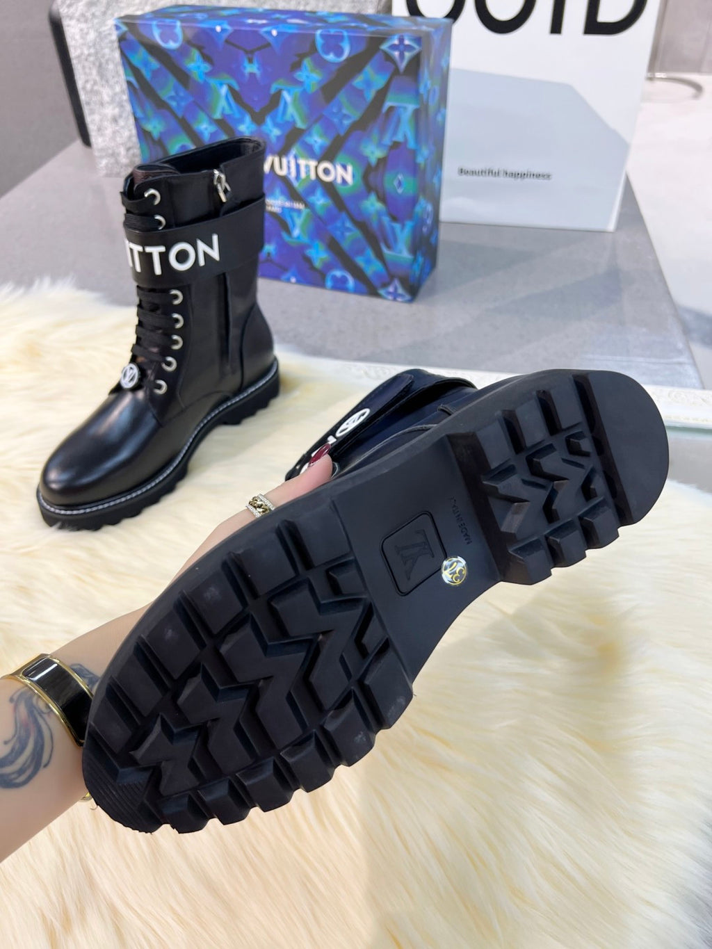 LV Combat Boots - Black Leather Logo Strap Mid-Calf