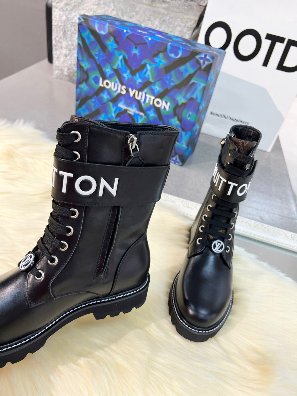 LV Combat Boots - Black Leather Logo Strap Mid-Calf