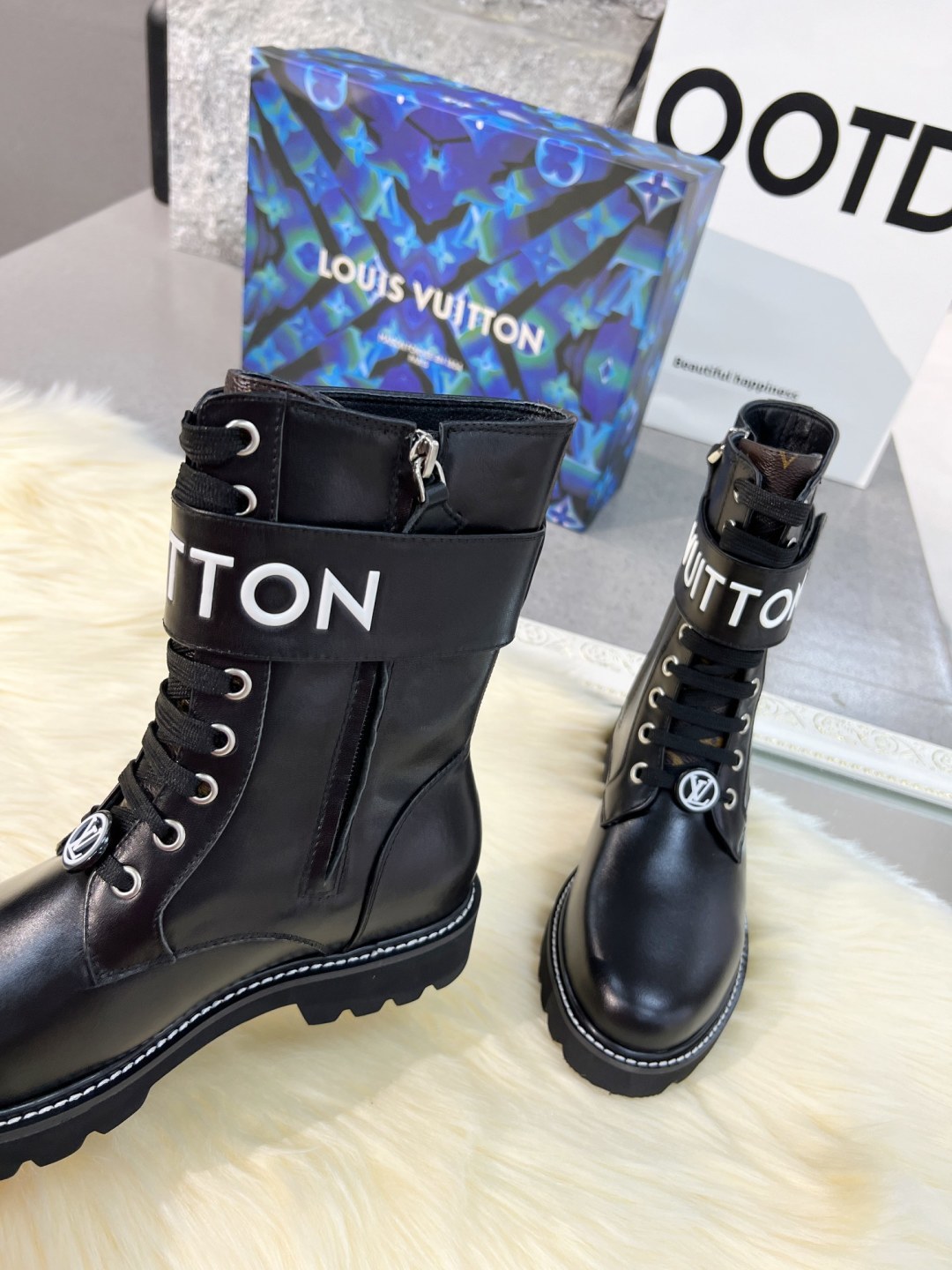 LV Combat Boots - Black Leather Logo Strap Mid-Calf