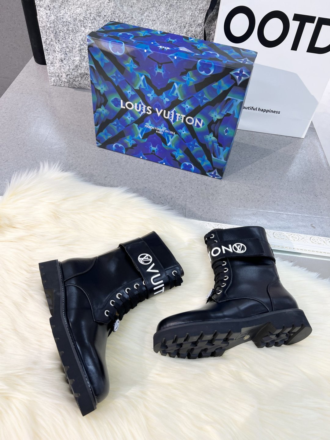 LV Combat Boots - Black Leather Logo Strap Mid-Calf