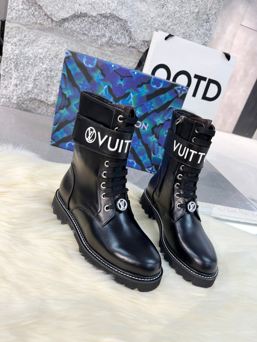 LV Combat Boots - Black Leather Logo Strap Mid-Calf