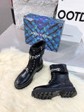 LV Combat Boots - Black Leather Logo Strap Mid-Calf