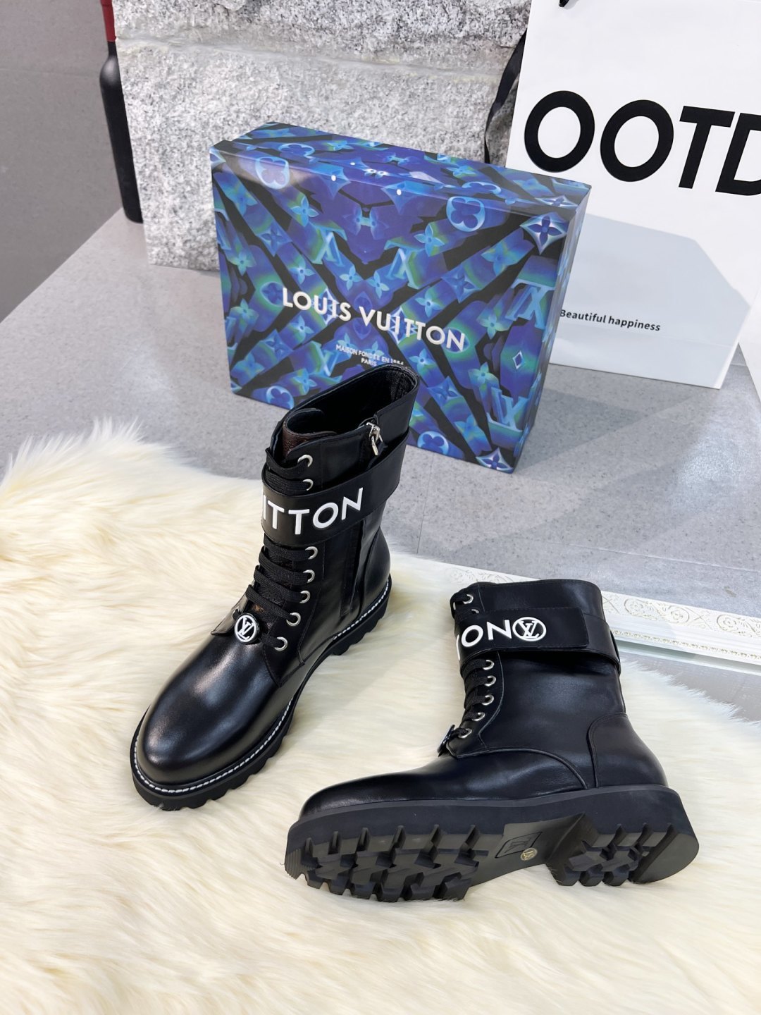 LV Combat Boots - Black Leather Logo Strap Mid-Calf