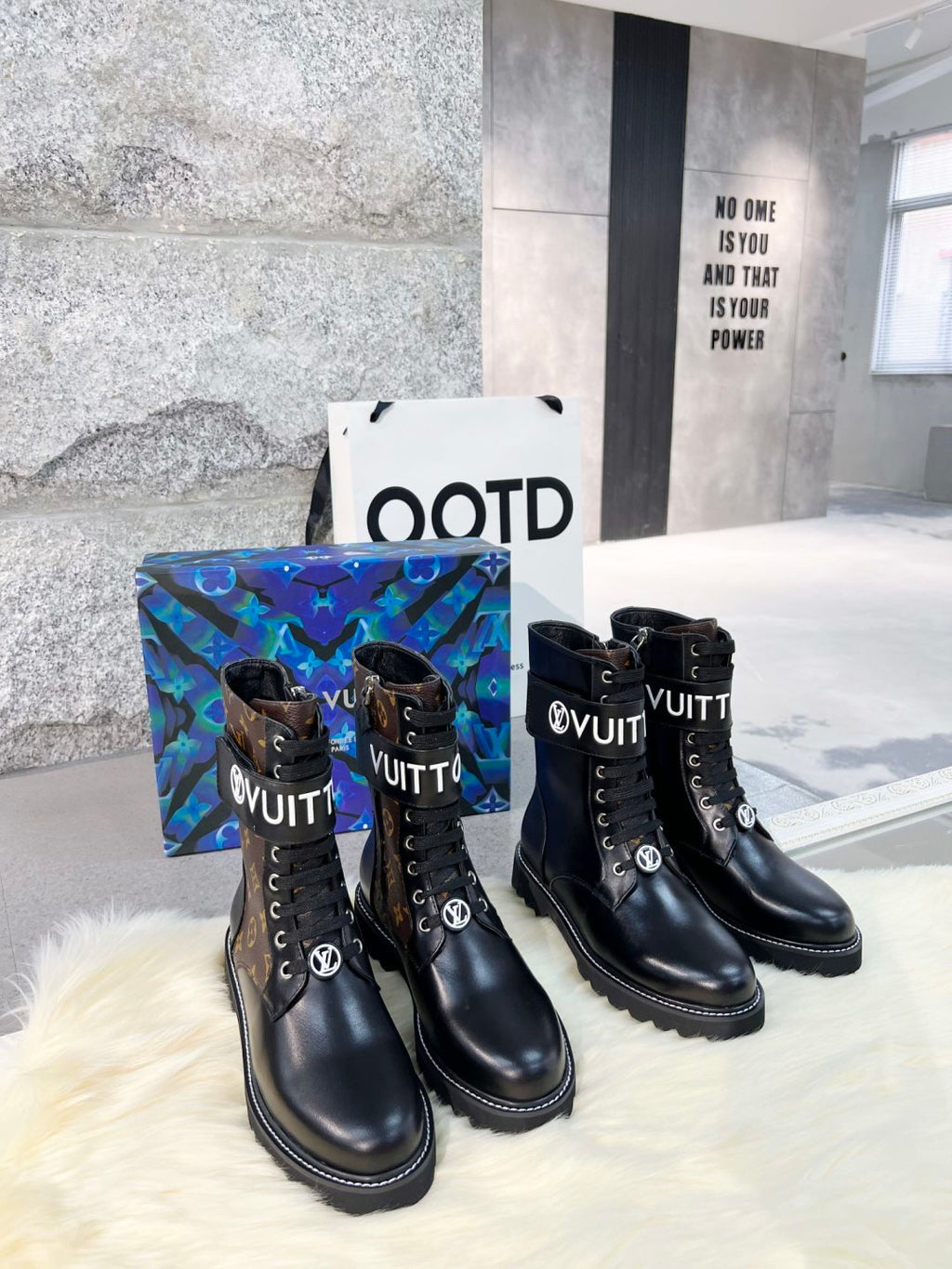 LV Combat Boots - Black Leather Logo Strap Mid-Calf