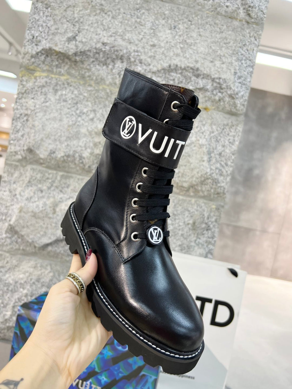 LV Combat Boots - Black Leather Logo Strap Mid-Calf