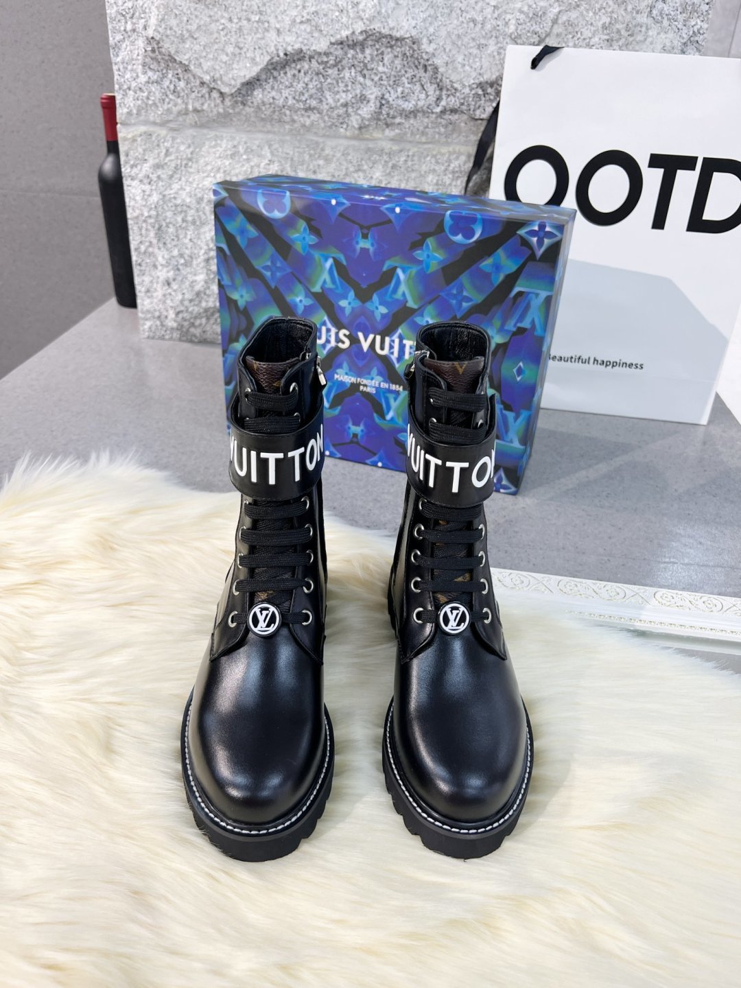 LV Combat Boots - Black Leather Logo Strap Mid-Calf