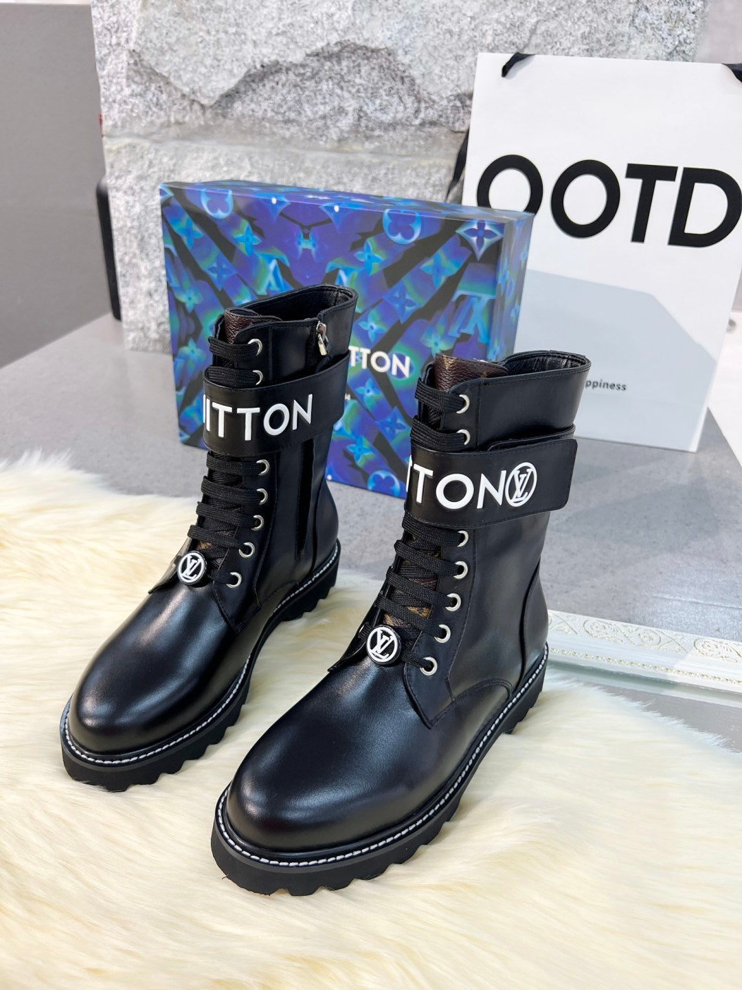 LV Combat Boots - Black Leather Logo Strap Mid-Calf