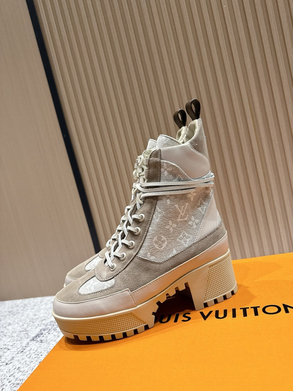 LV Platform Boots - Beige Monogram Canvas Lace-Up