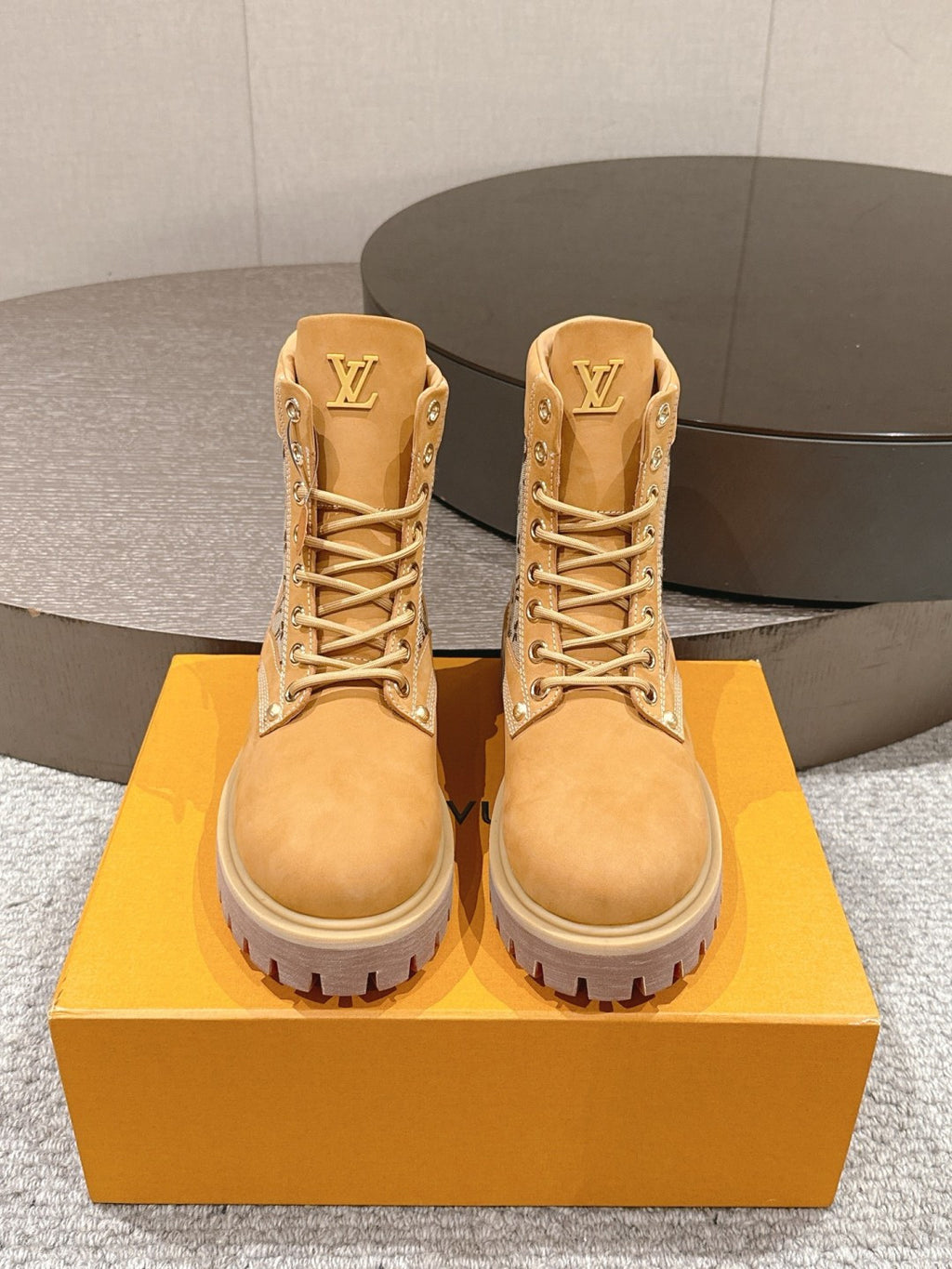 LV Work Boots - Wheat Monogram Canvas Lace-Up