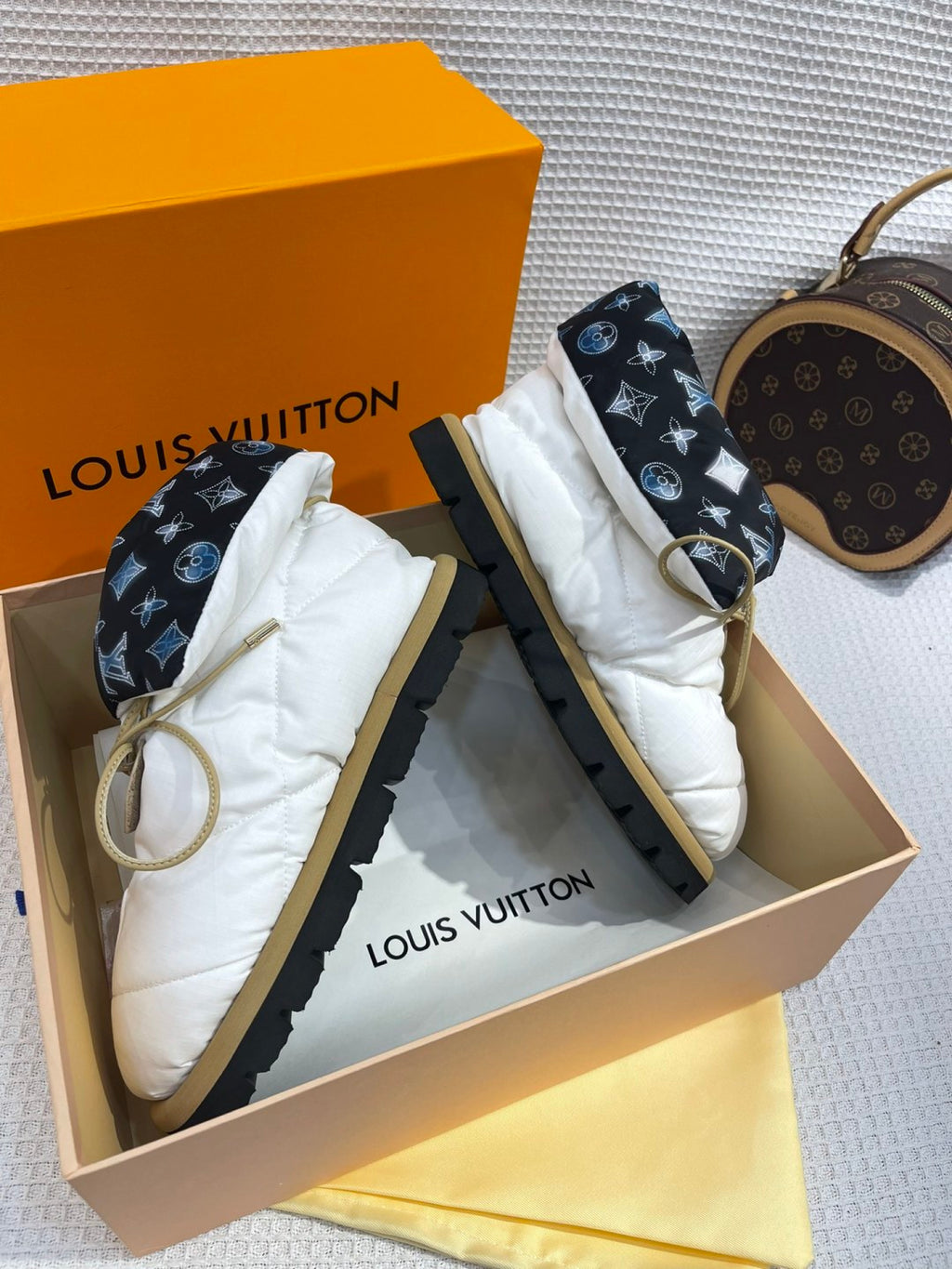 LV Pillow Boots - White & Black Monogram Puffer Ankle Boots