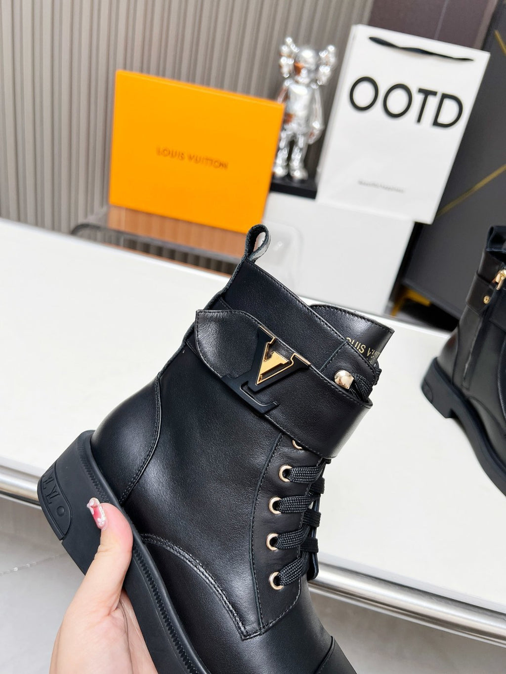 LV Combat Boots - Black Leather Logo Strap Lace-Up
