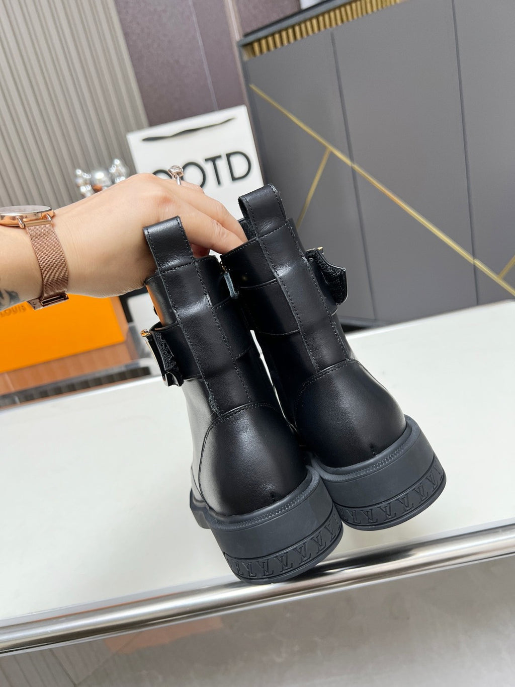 LV Combat Boots - Black Leather Logo Strap Lace-Up