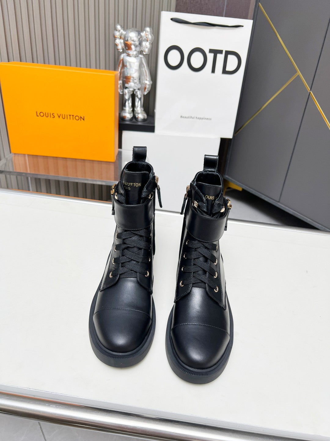 LV Combat Boots - Black Leather Logo Strap Lace-Up