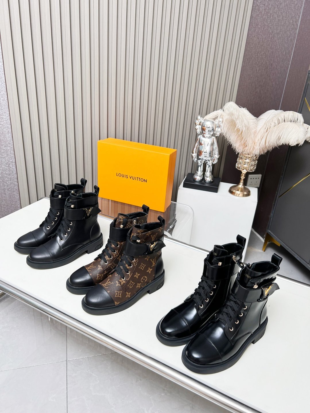 LV Combat Boots - Black Leather Logo Strap Lace-Up