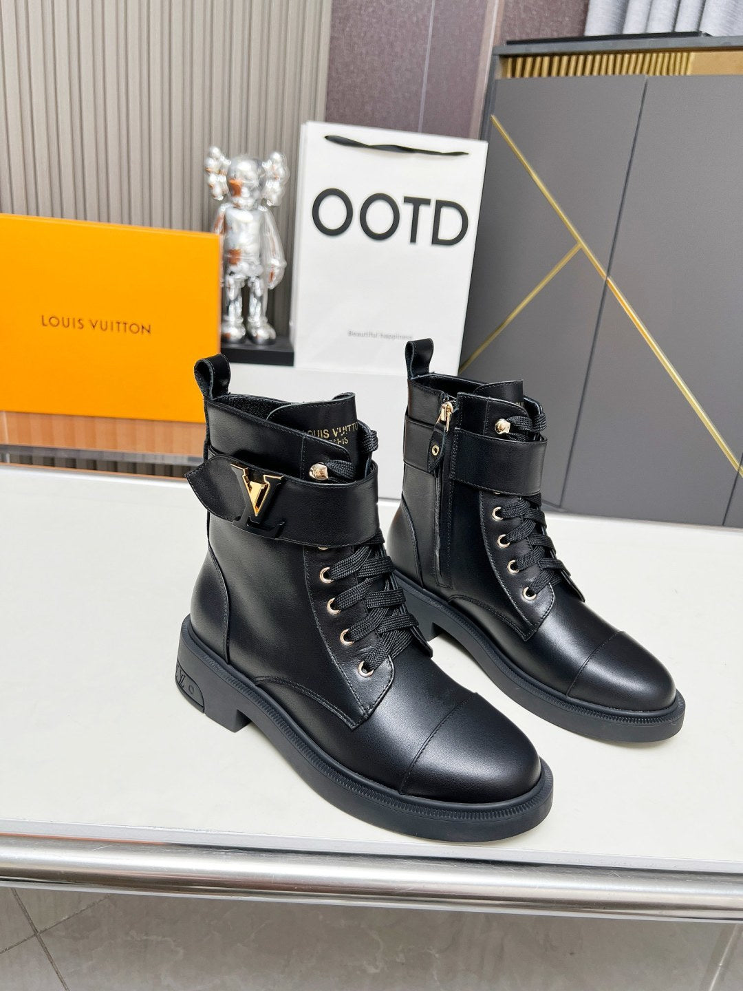 LV Combat Boots - Black Leather Logo Strap Lace-Up